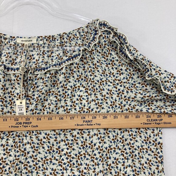 New Max Studio 2X Blue Brown Ditsy Floral Ruffle Cold Shoulder Cottagecore Top - Picture 7 of 10